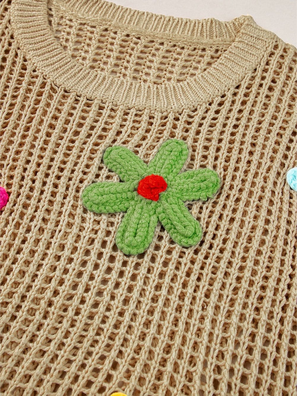 French Beige Floral Crochet Hollow-out Sweater Top