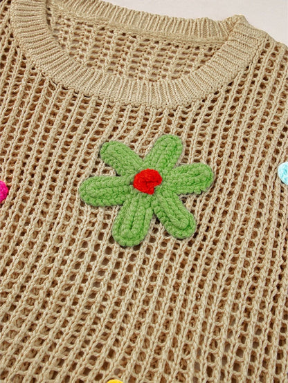 French Beige Floral Crochet Hollow-out Sweater Top