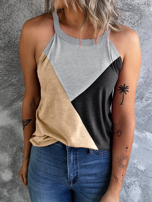 French Beige Geometric Colorblock Tank Top