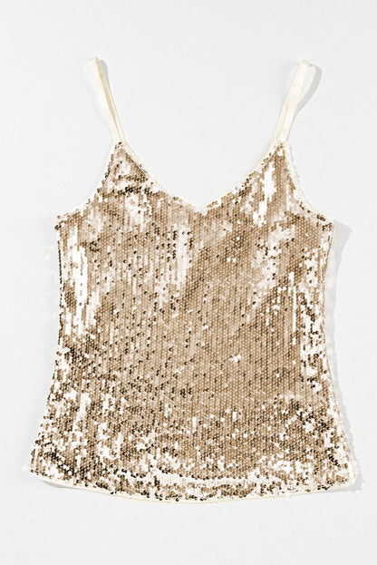 French Beige Sequin Embellished Spaghetti Strap Tank Top