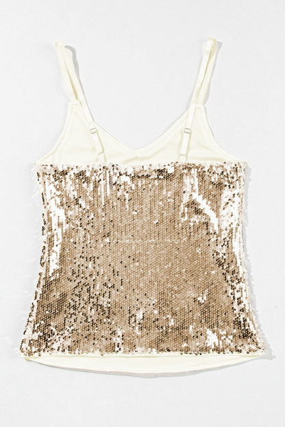 French Beige Sequin Embellished Spaghetti Strap Tank Top