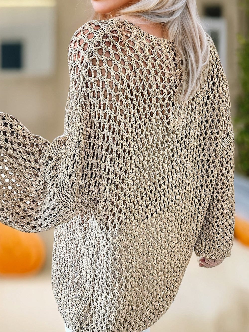 French Beige Star Pointelle Knit Oversized Sweater