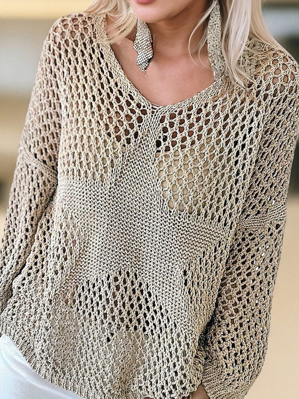 French Beige Star Pointelle Knit Oversized Sweater
