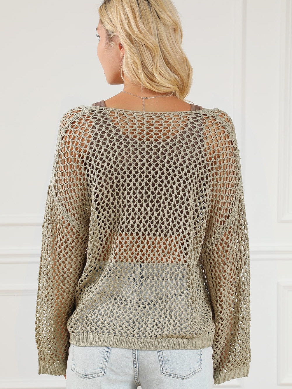 French Beige Star Pointelle Knit Oversized Sweater