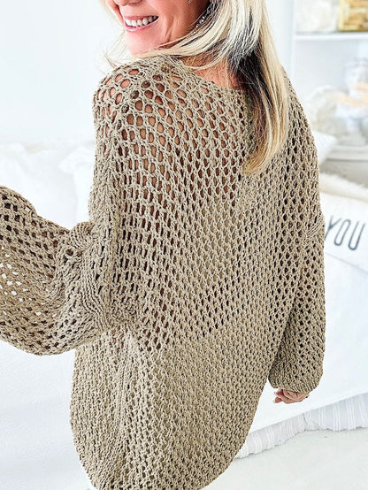 French Beige Star Pointelle Knit Oversized Sweater