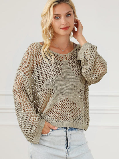 French Beige Star Pointelle Knit Oversized Sweater