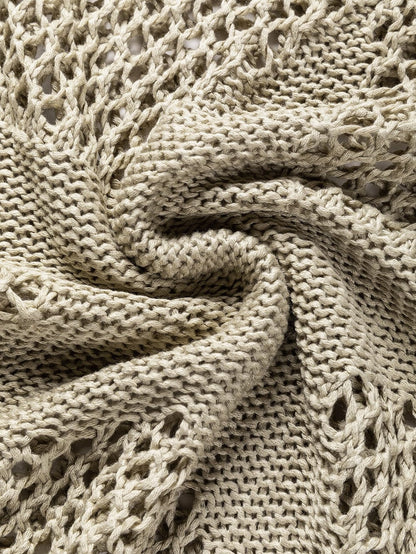 French Beige Star Pointelle Knit Oversized Sweater