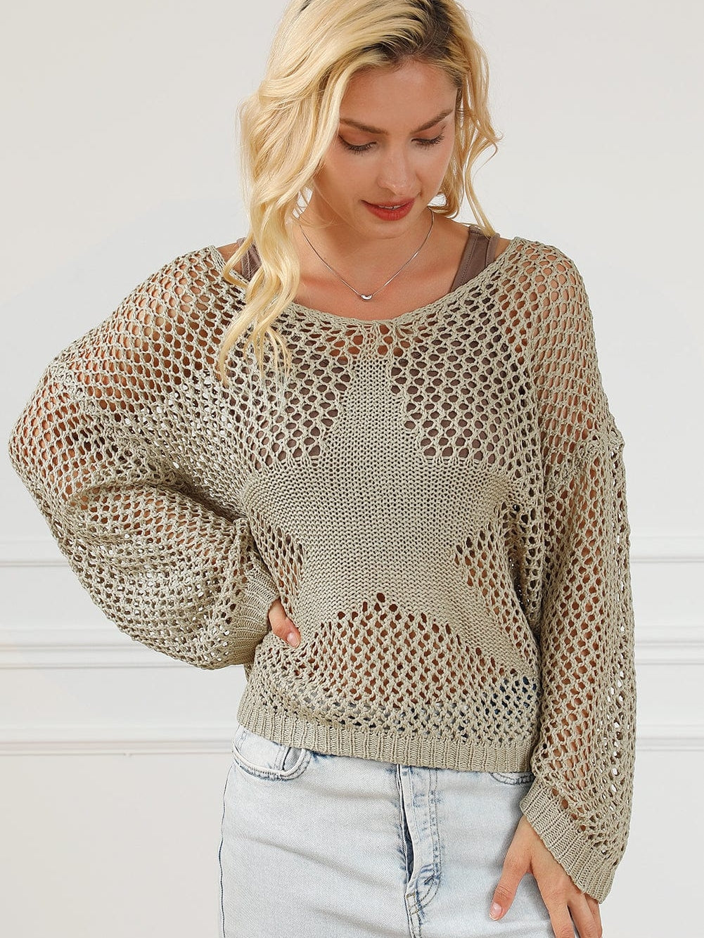 French Beige Star Pointelle Knit Oversized Sweater