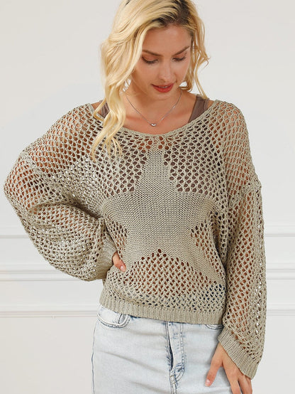 French Beige Star Pointelle Knit Oversized Sweater