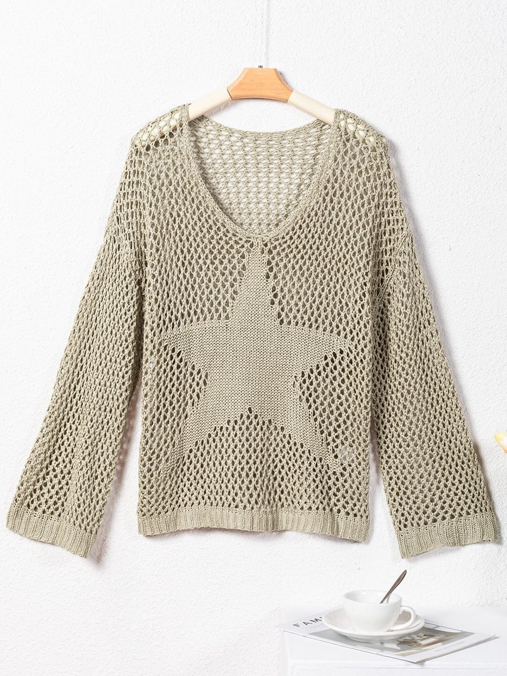 French Beige Star Pointelle Knit Oversized Sweater