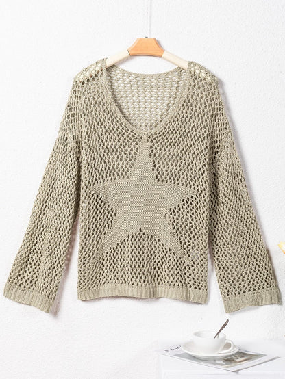 French Beige Star Pointelle Knit Oversized Sweater