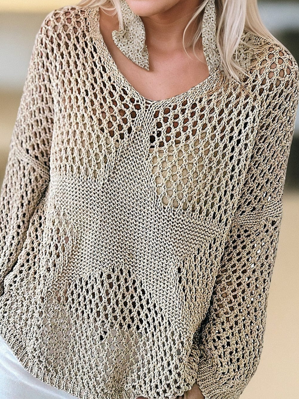French Beige Star Pointelle Knit Oversized Sweater
