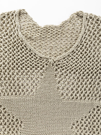 French Beige Star Pointelle Knit Oversized Sweater