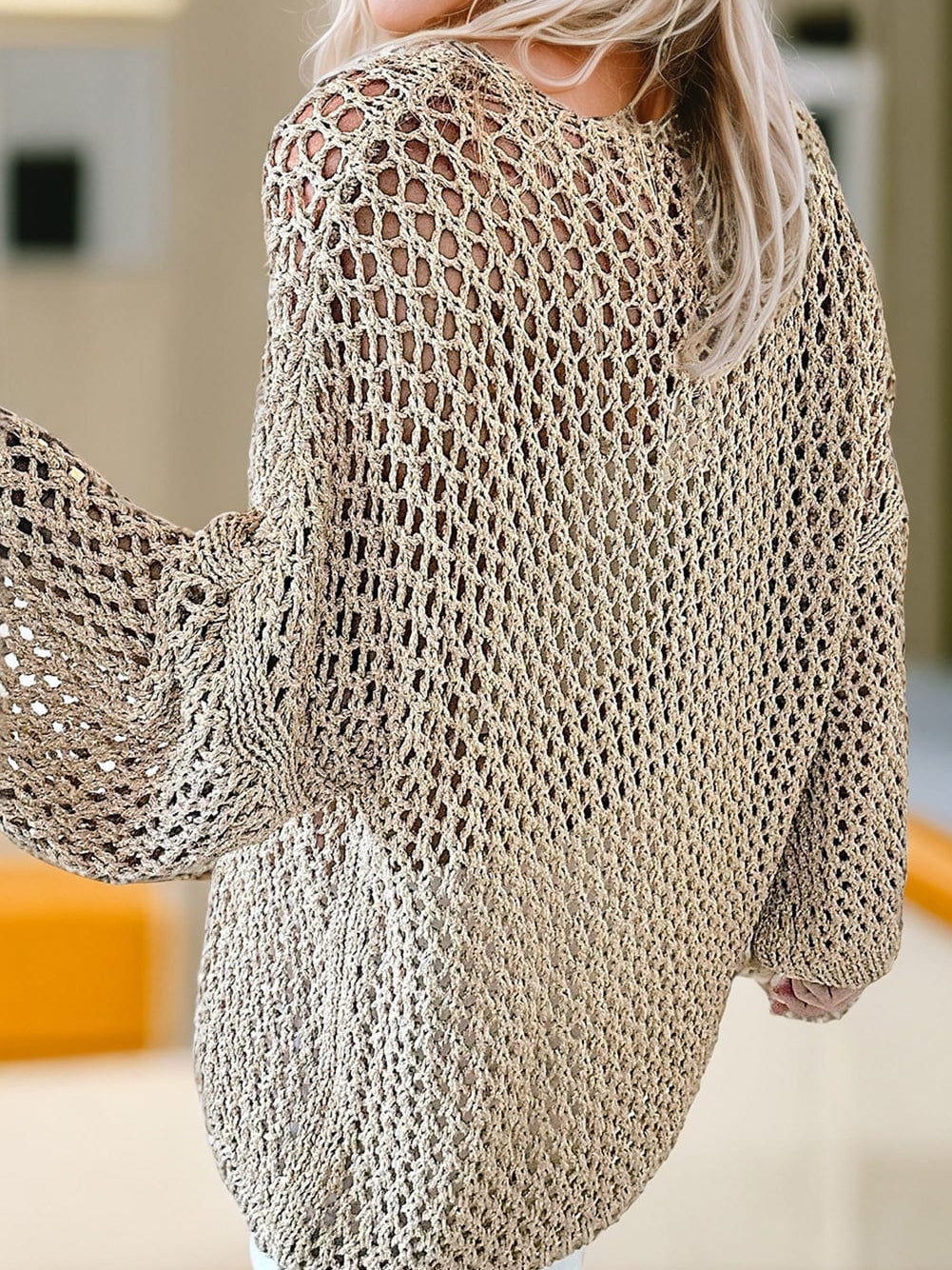 French Beige Star Pointelle Knit Oversized Sweater