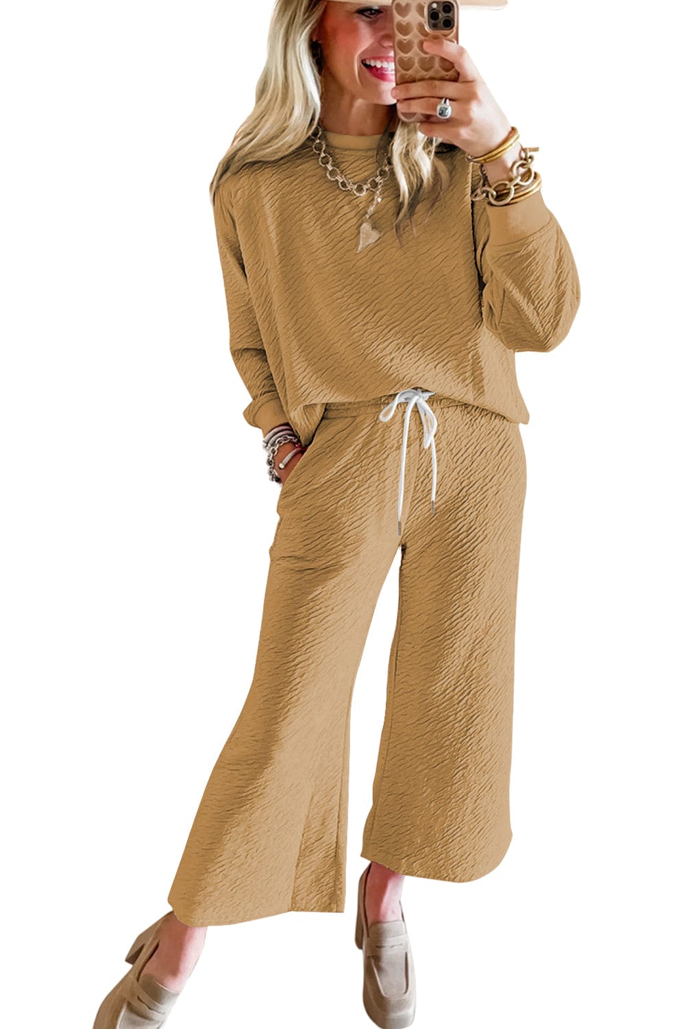 French Beige Textured Lounge Set with Long Sleeve Top and Drawstring Pants