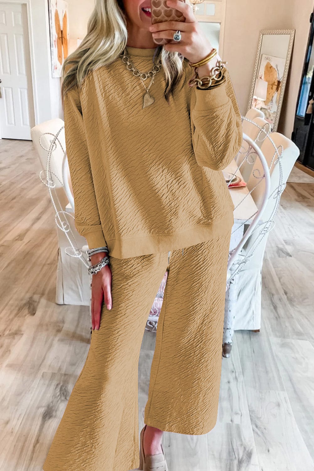 French Beige Textured Lounge Set with Long Sleeve Top and Drawstring Pants