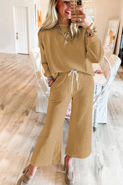 French Beige Textured Lounge Set with Long Sleeve Top and Drawstring Pants