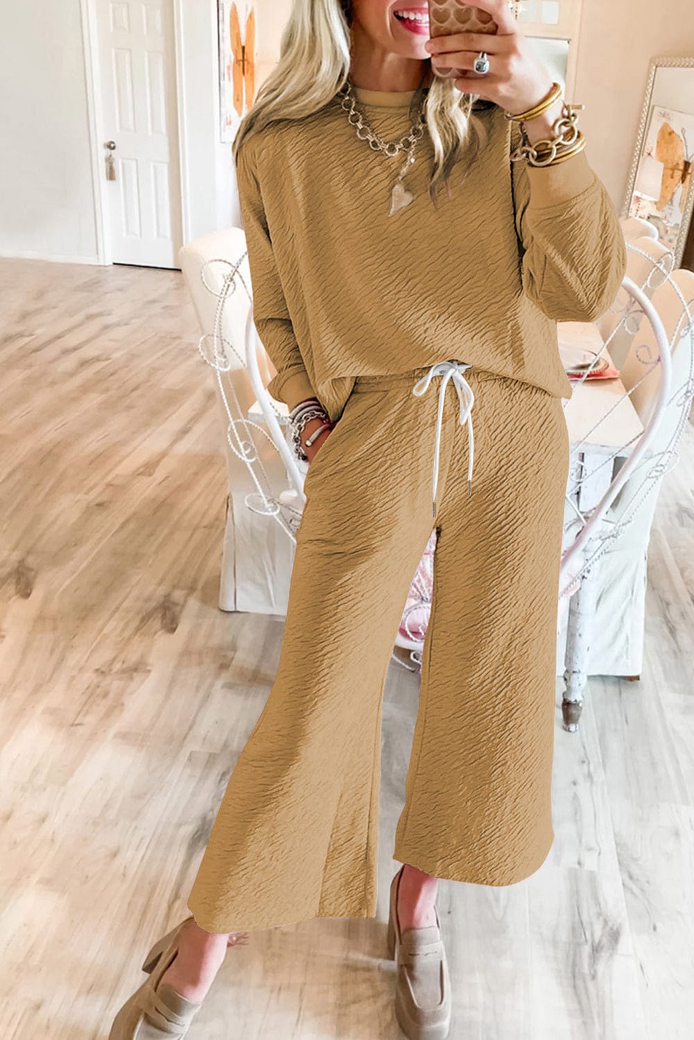 French Beige Textured Lounge Set with Long Sleeve Top and Drawstring Pants