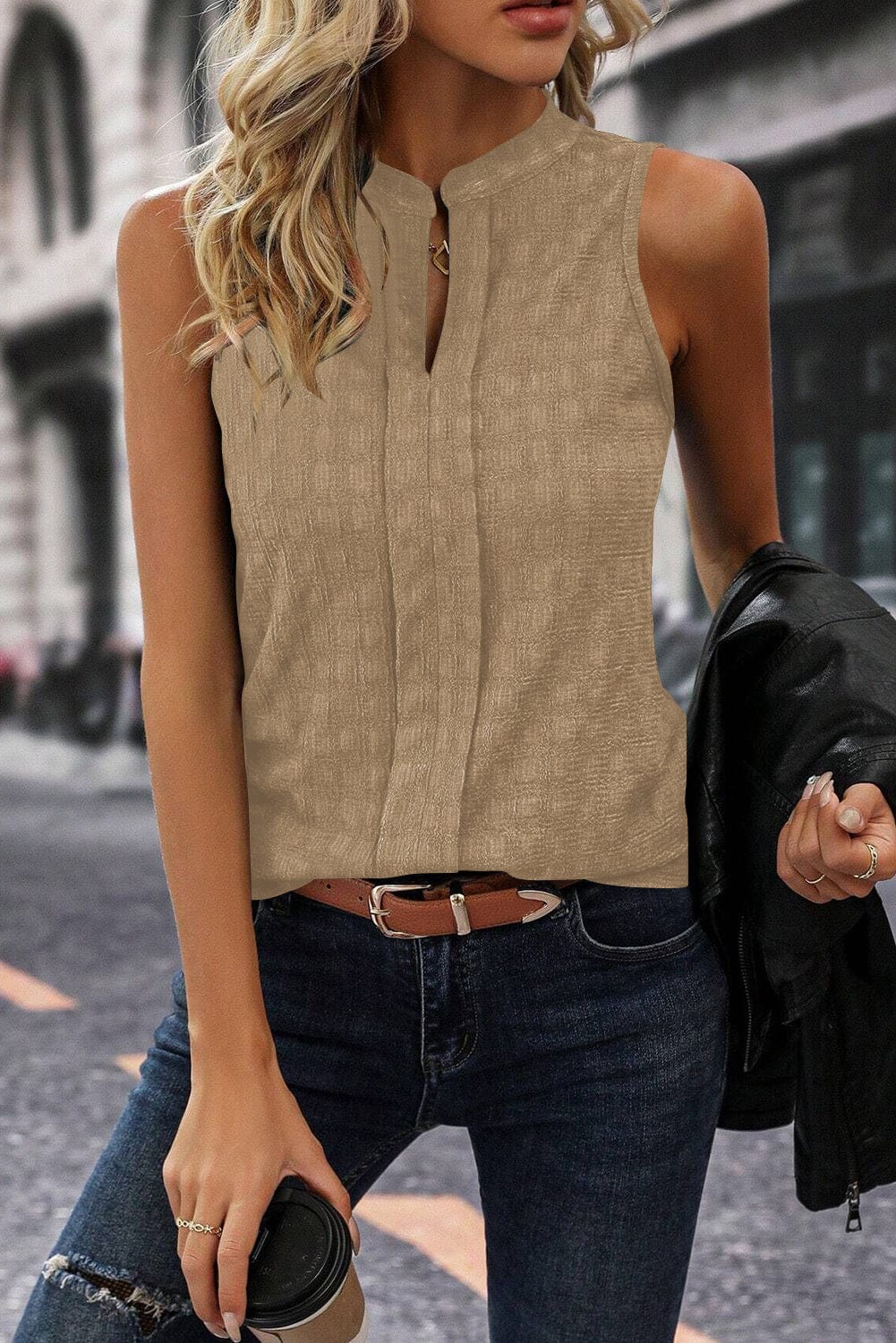 French Beige Textured Sleeveless Split Neck Tank Top