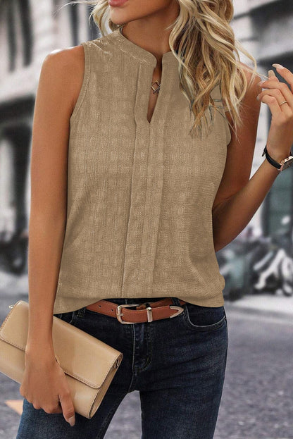French Beige Textured Sleeveless Split Neck Tank Top