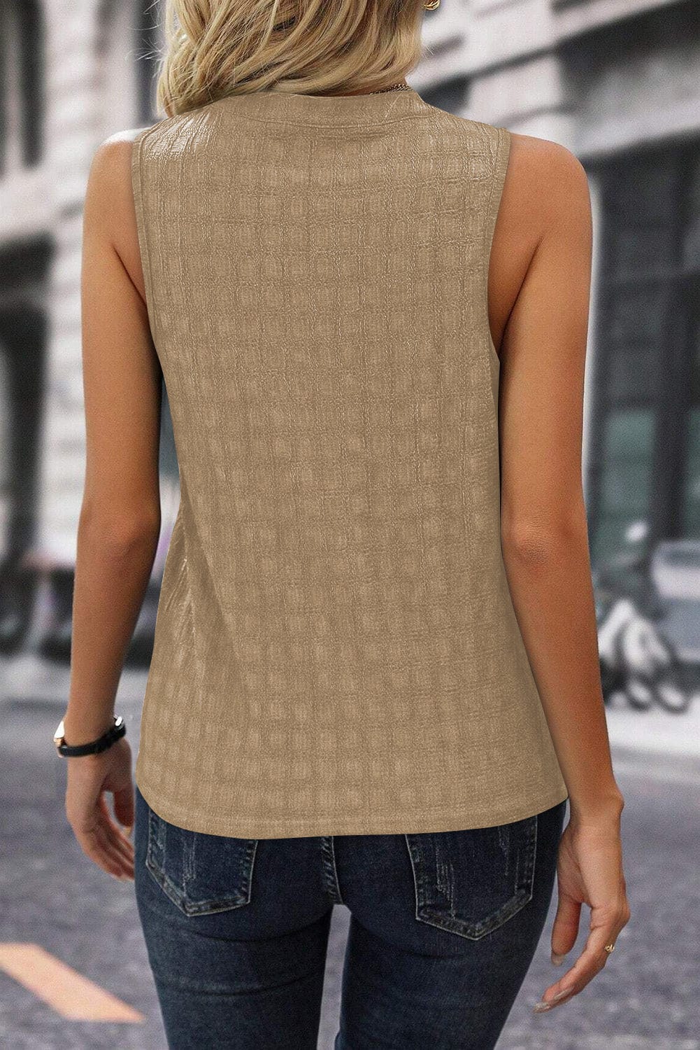 French Beige Textured Sleeveless Split Neck Tank Top