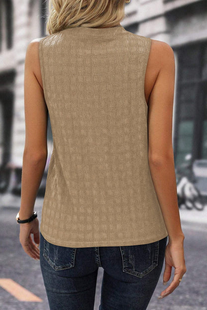 French Beige Textured Sleeveless Split Neck Tank Top