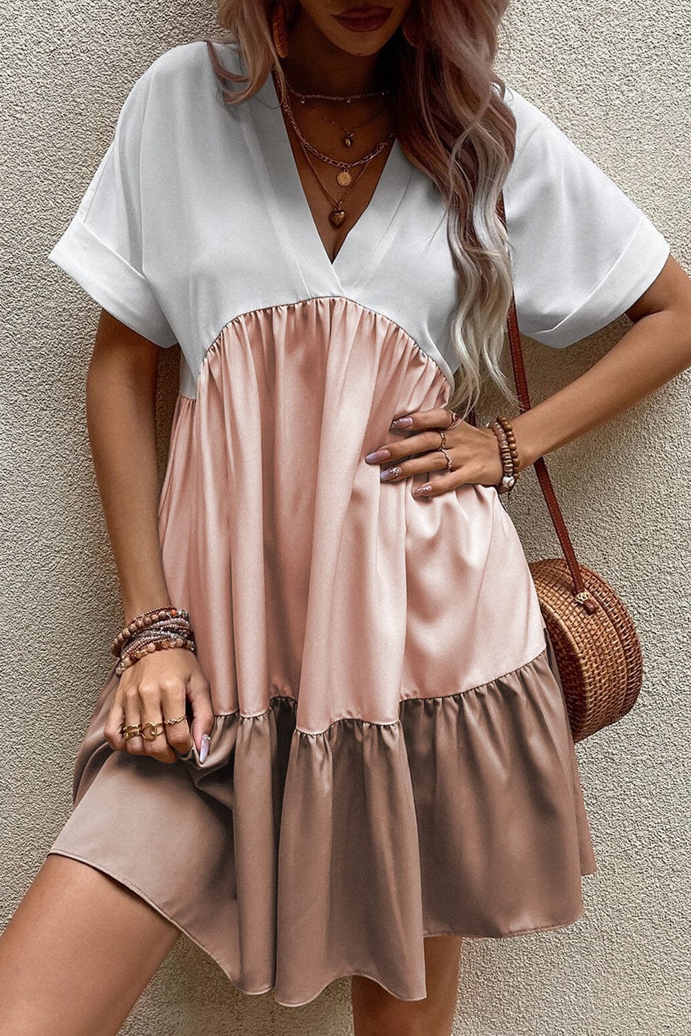 French Beige Tiered Mini Dress with Color Block Details