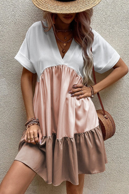 French Beige Tiered Mini Dress with Color Block Details