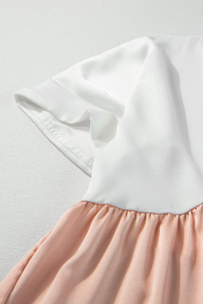 French Beige Tiered Mini Dress with Color Block Details