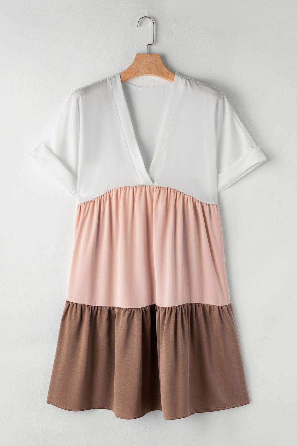 French Beige Tiered Mini Dress with Color Block Details