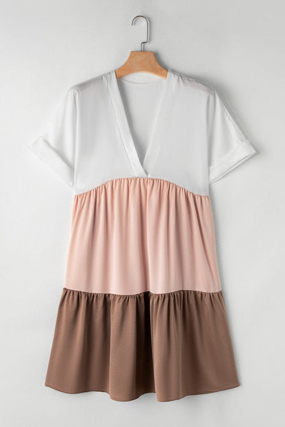 French Beige Tiered Mini Dress with Color Block Details