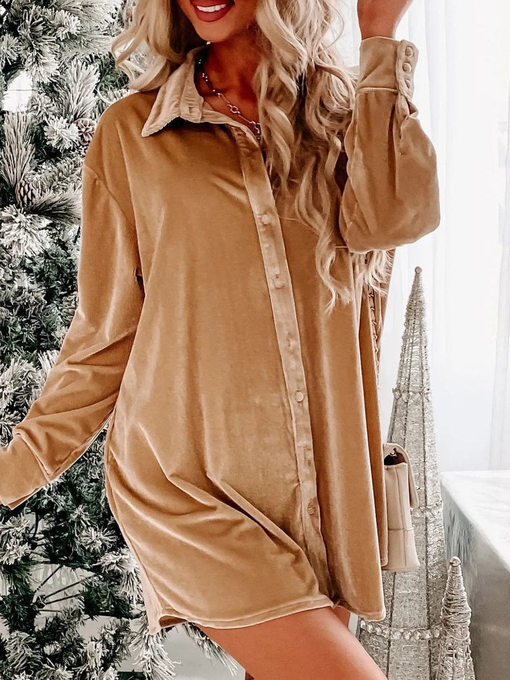 French Beige Velvet V-Neck Button Front Shirt Mini Dress