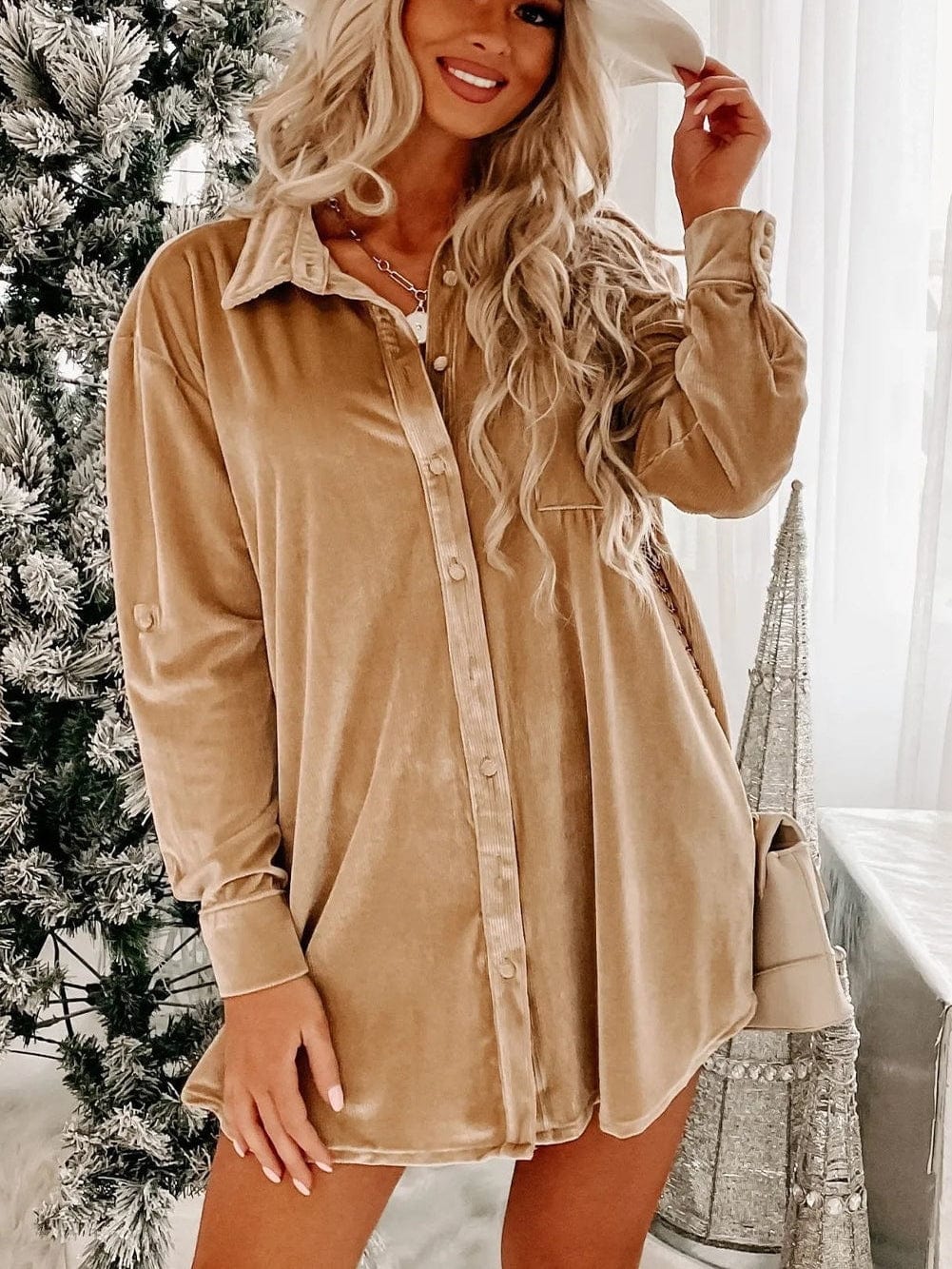 French Beige Velvet V-Neck Button Front Shirt Mini Dress