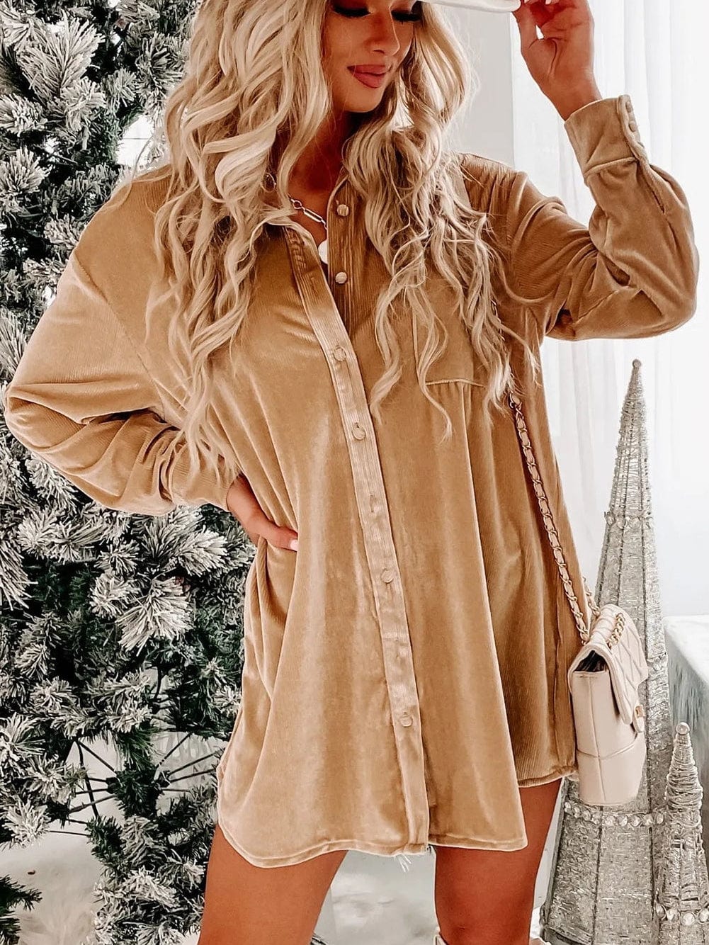 French Beige Velvet V-Neck Button Front Shirt Mini Dress