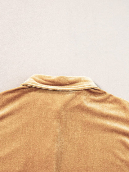French Beige Velvet V-Neck Button Front Shirt Mini Dress