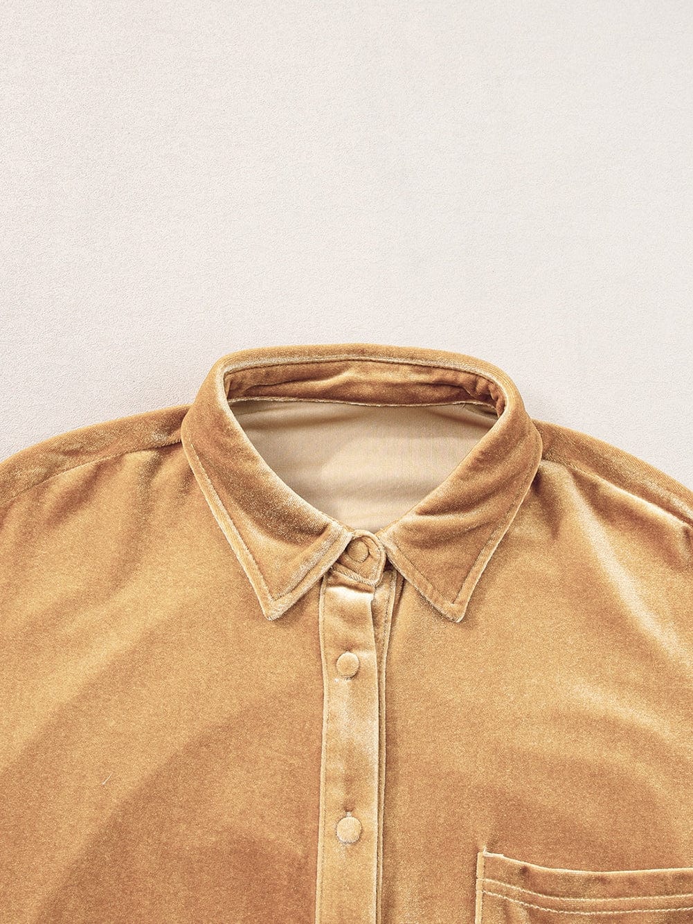 French Beige Velvet V-Neck Button Front Shirt Mini Dress