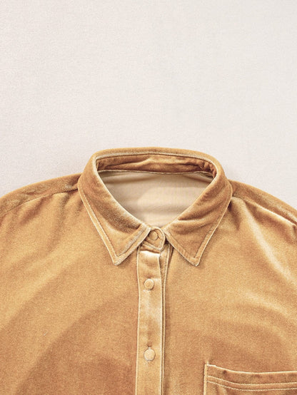 French Beige Velvet V-Neck Button Front Shirt Mini Dress