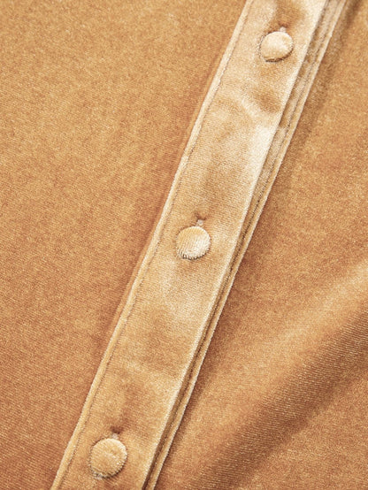 French Beige Velvet V-Neck Button Front Shirt Mini Dress