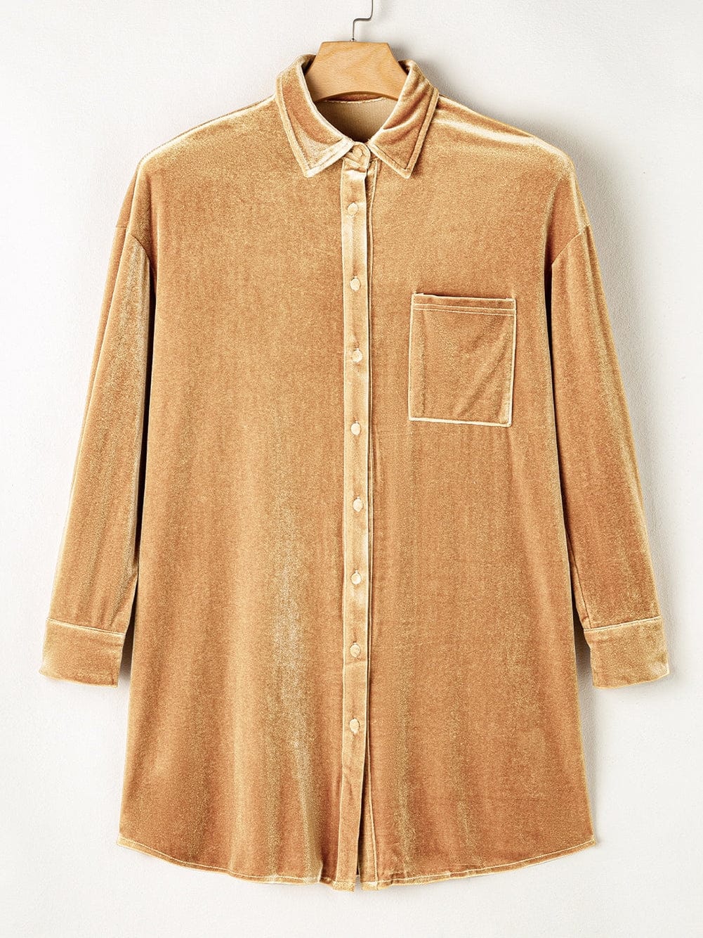French Beige Velvet V-Neck Button Front Shirt Mini Dress