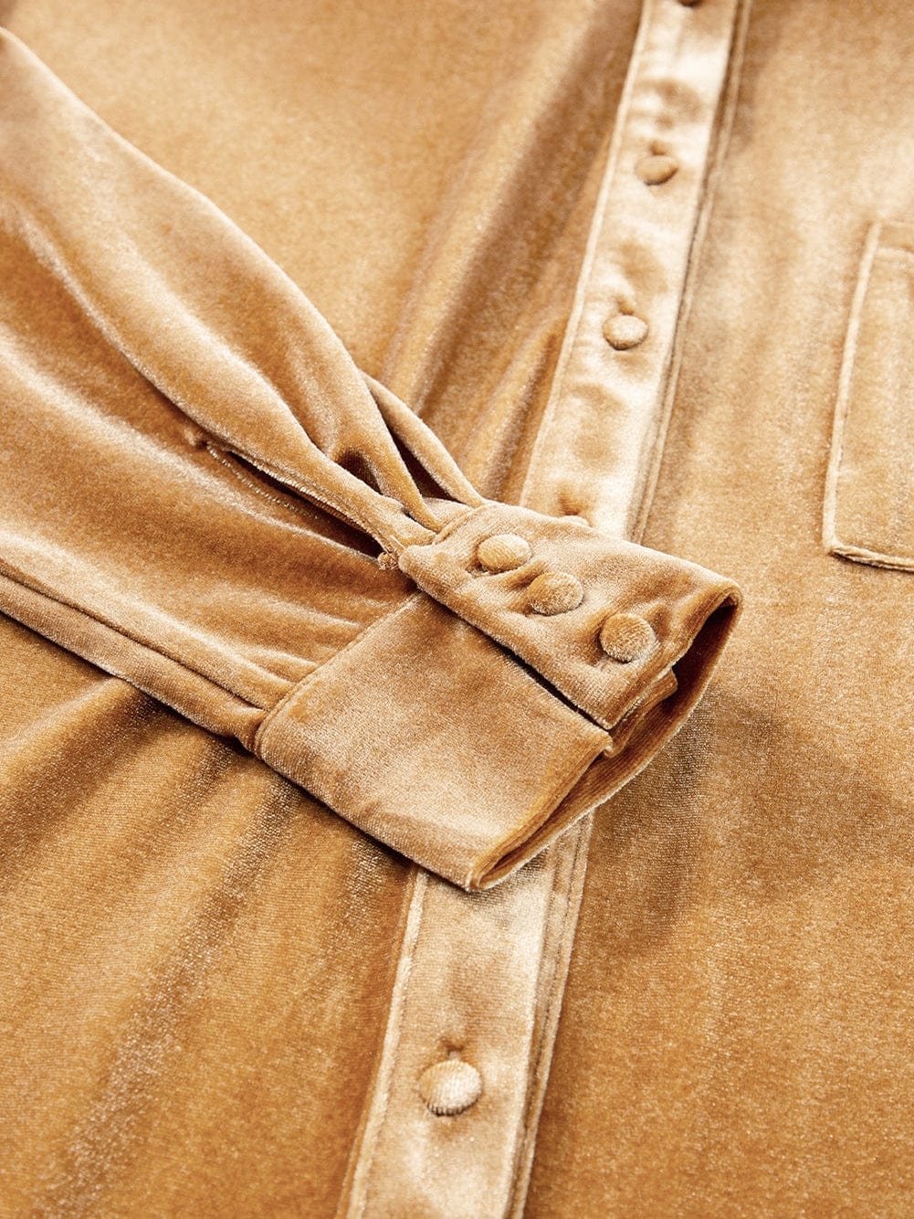 French Beige Velvet V-Neck Button Front Shirt Mini Dress