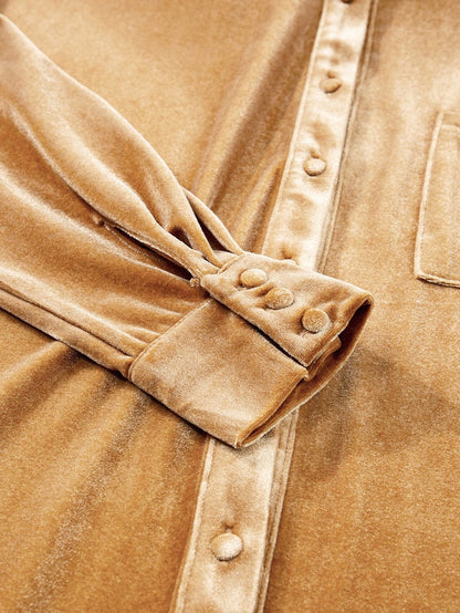 French Beige Velvet V-Neck Button Front Shirt Mini Dress
