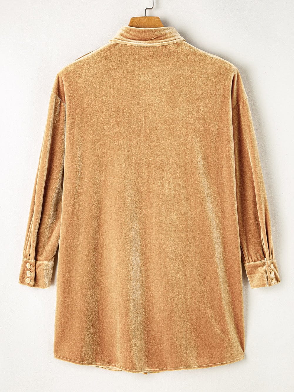 French Beige Velvet V-Neck Button Front Shirt Mini Dress