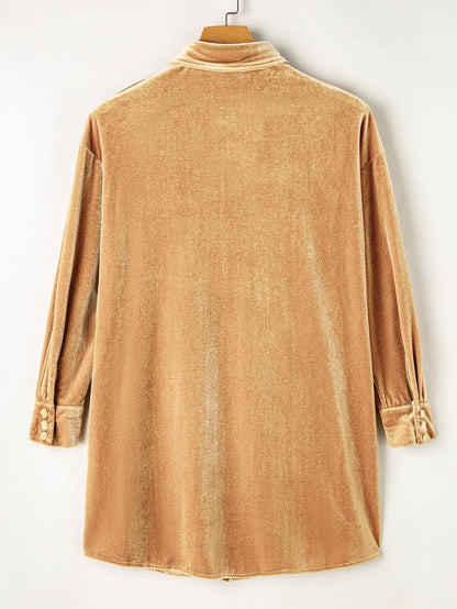 French Beige Velvet V-Neck Button Front Shirt Mini Dress