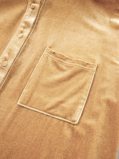 French Beige Velvet V-Neck Button Front Shirt Mini Dress