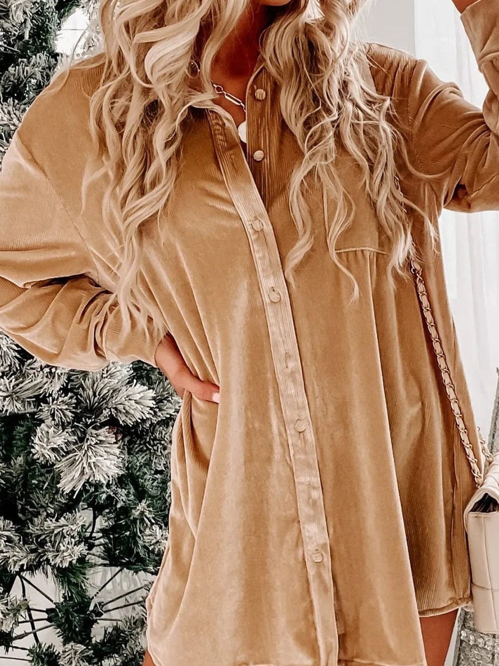 French Beige Velvet V-Neck Button Front Shirt Mini Dress