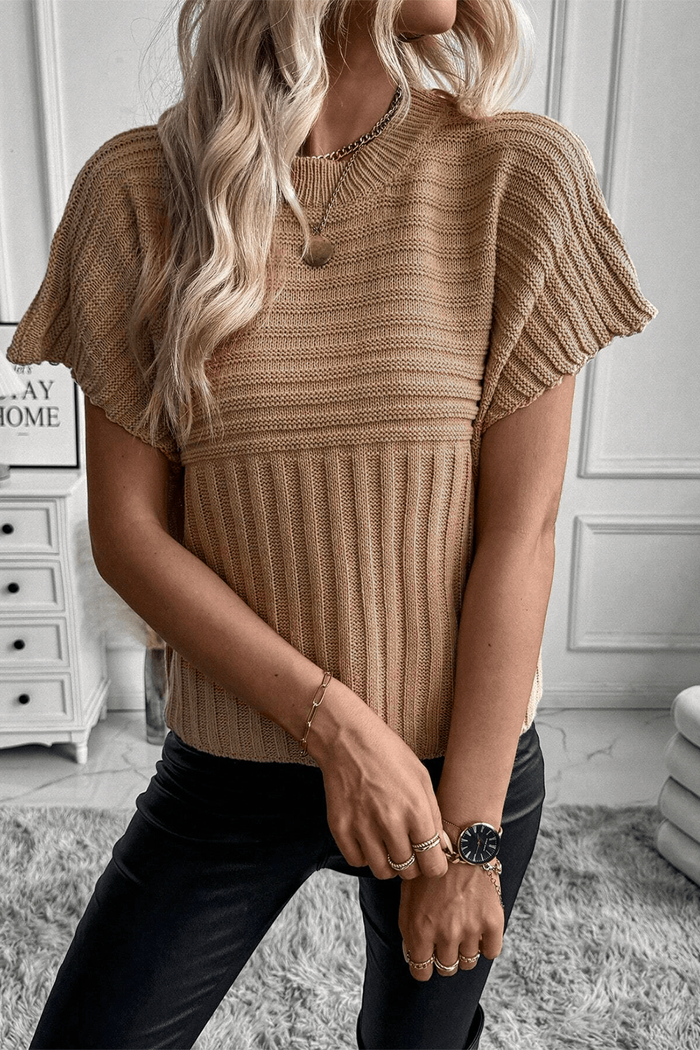 French Beige Wide Sleeve Rib Knit Sweater Top