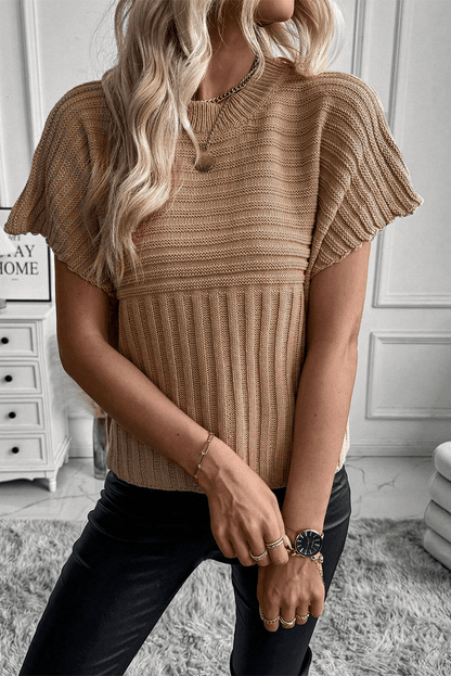 French Beige Wide Sleeve Rib Knit Sweater Top