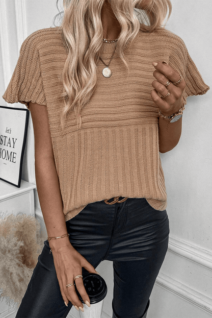 French Beige Wide Sleeve Rib Knit Sweater Top