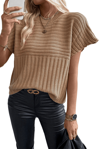French Beige Wide Sleeve Rib Knit Sweater Top