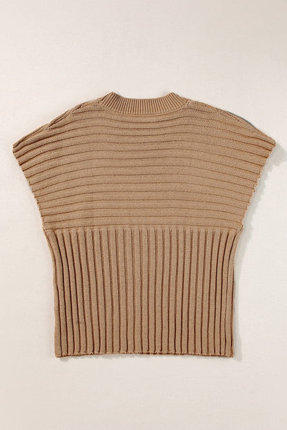French Beige Wide Sleeve Rib Knit Sweater Top